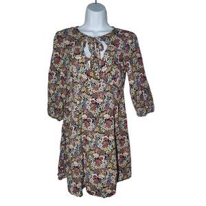 Forever 21 Brown Floral Peasant 3/4-Sleeve Juniors Mini Dress With Neck Tie M